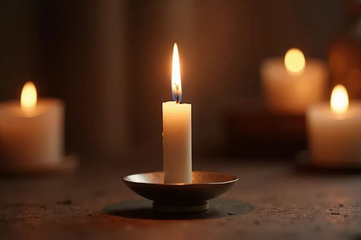 A lit white taper candle resting in a small, shallow metal dish in sharp focus. The background is dark and moody, illuminated by the warm, blurred glow of several other lit candles.