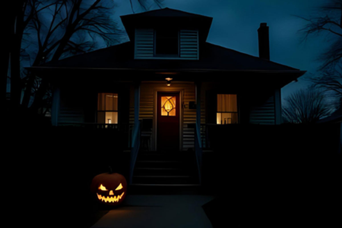 A spooky dark house with orange light glowing from the windows and front door, with a single carved glowing pumpkin on the front path.