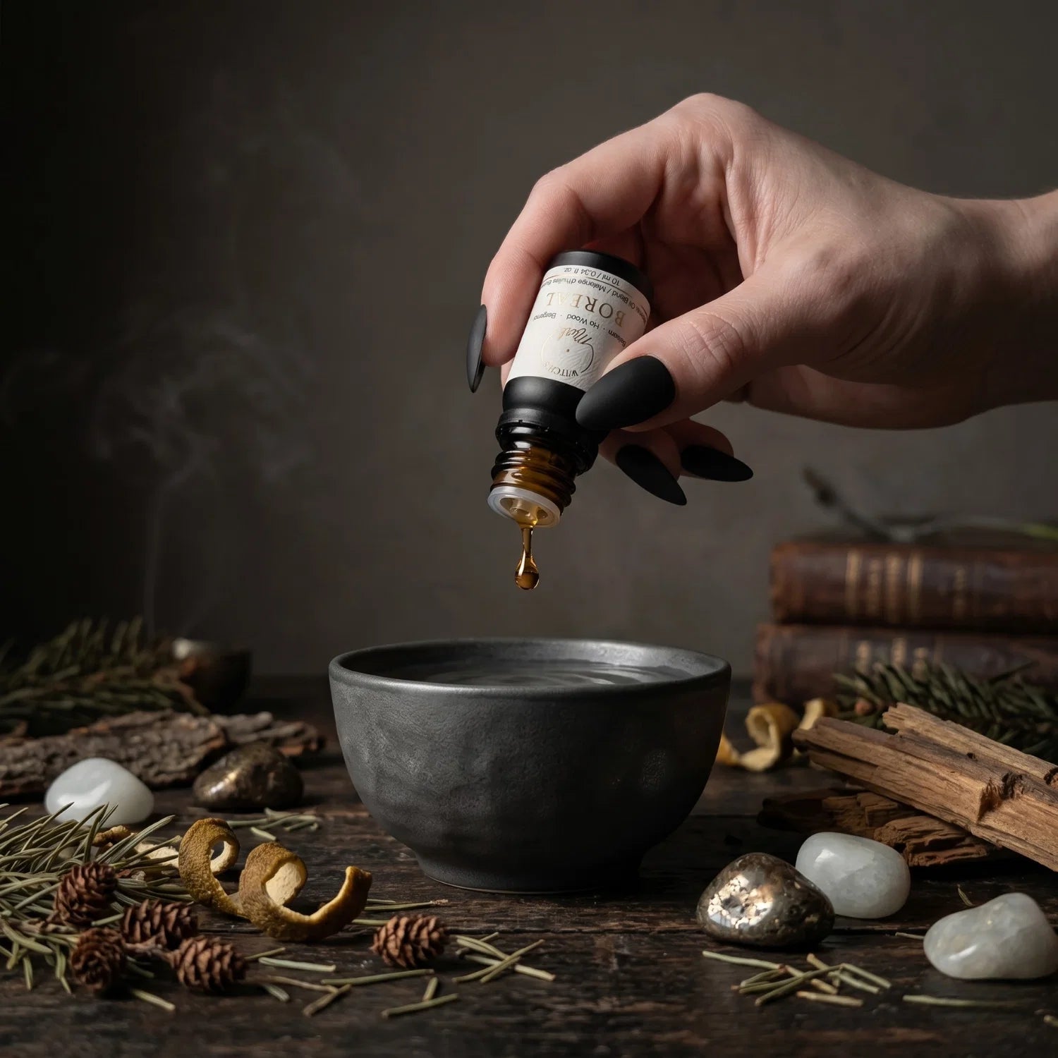 Woman's hand with black finder nails pouring a droplet of he Boreal essential oil blend into a black ceramic bowl.