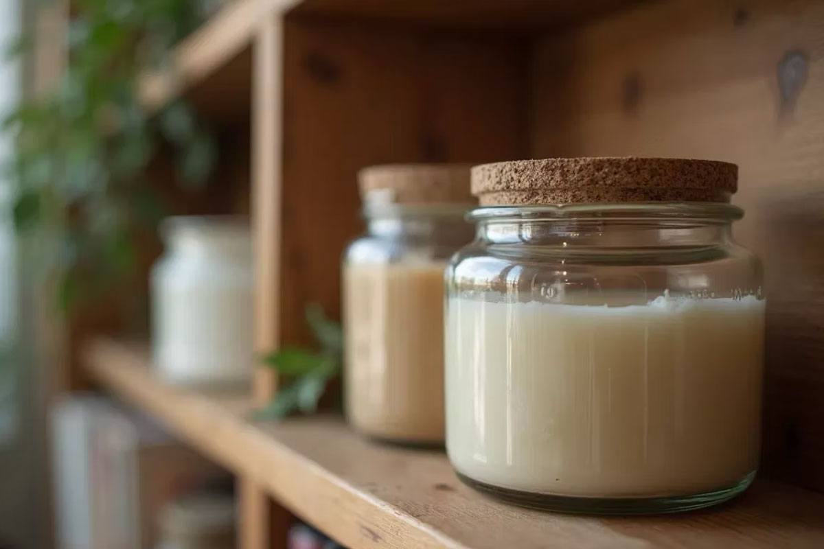 Several glass jars with natural cork lids, filled with creamy white candle wax, sitting in a row on a wooden shelf.