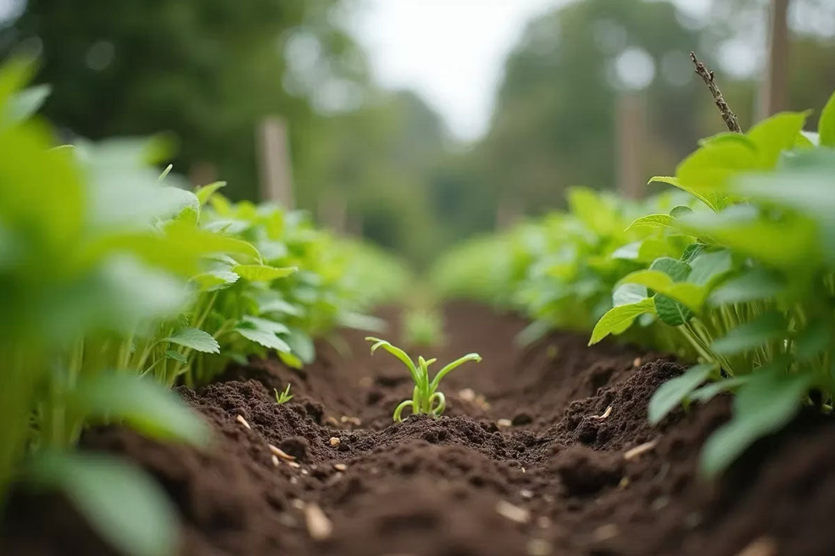 A close-up of a tiny green seedling sprouting from a neat row of dark, rich soil, representing new growth and sustainable agriculture.