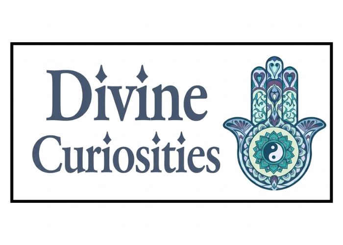 Logo for 'Divine Curiosities' with a decorative Hamsa hand design on a white background.