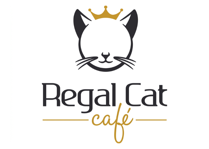 Logo of Regal Cat Cafe with a cat face and crown on a white background