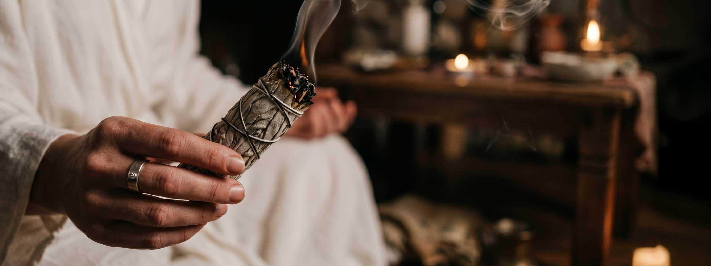 A close-up of a person holding a smoldering white sage smudge stick with thick smoke rising, serving as the mobile banner for the Witch's Mark Daily Rituals collection of spiritual cleansing products.